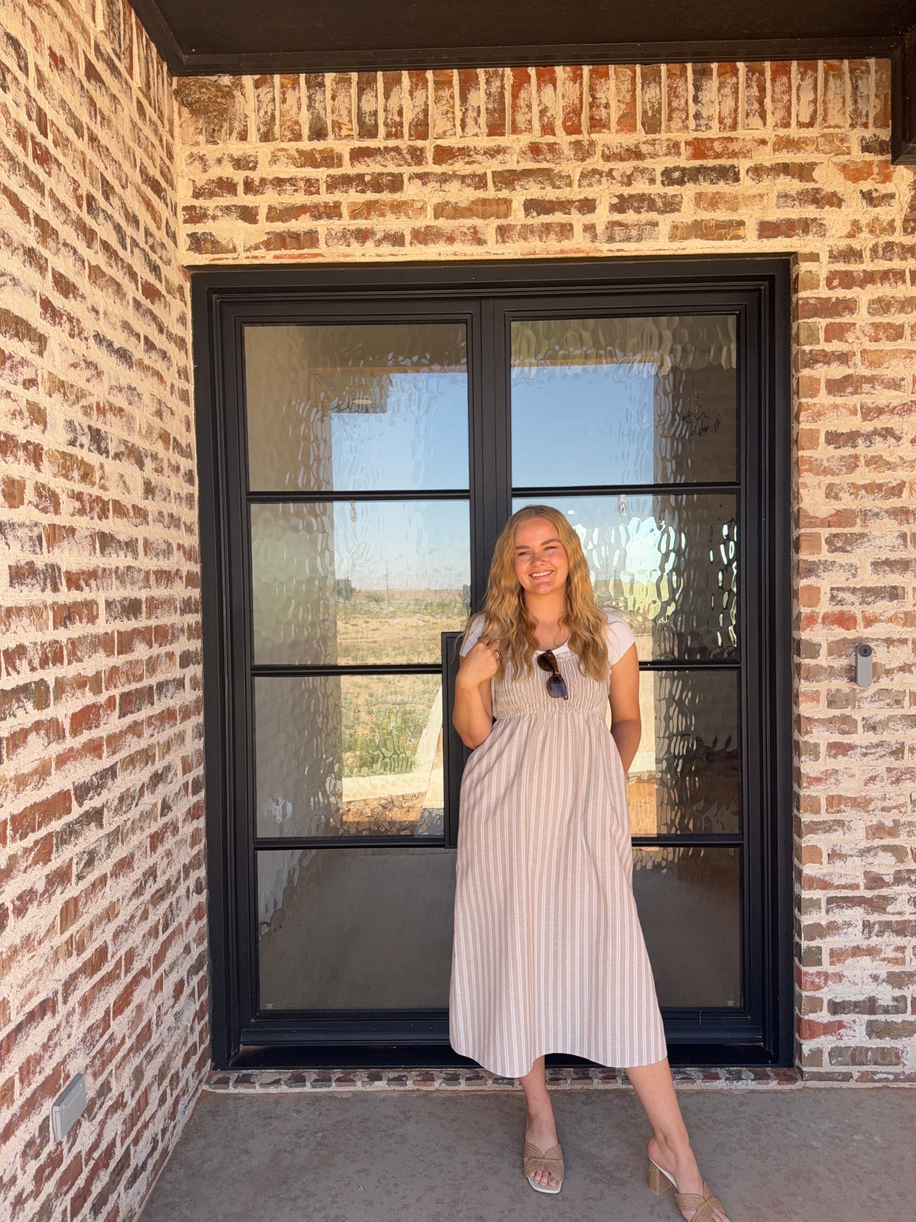 Striped Self Shoulder Tie Midi Dress