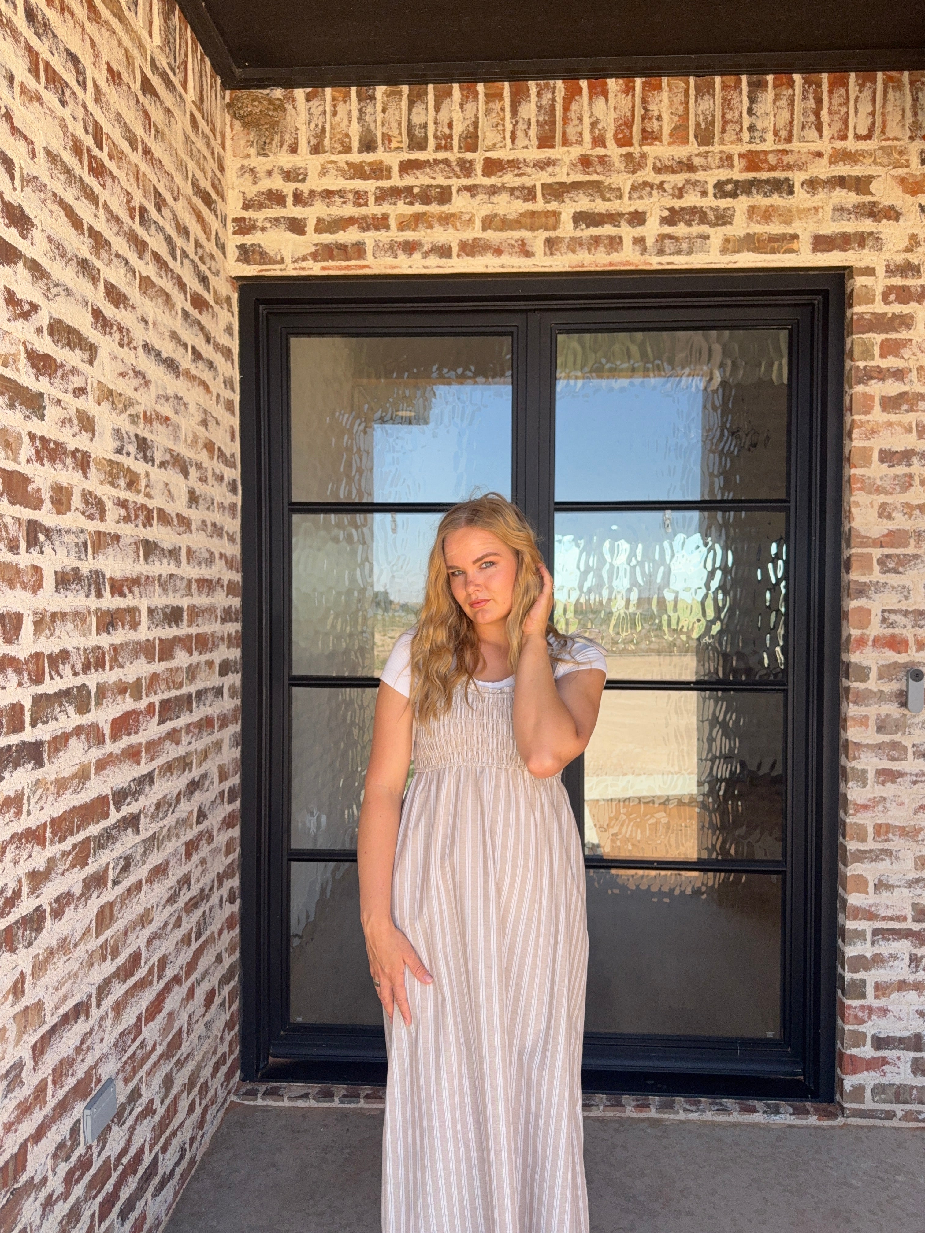 Striped Self Shoulder Tie Midi Dress