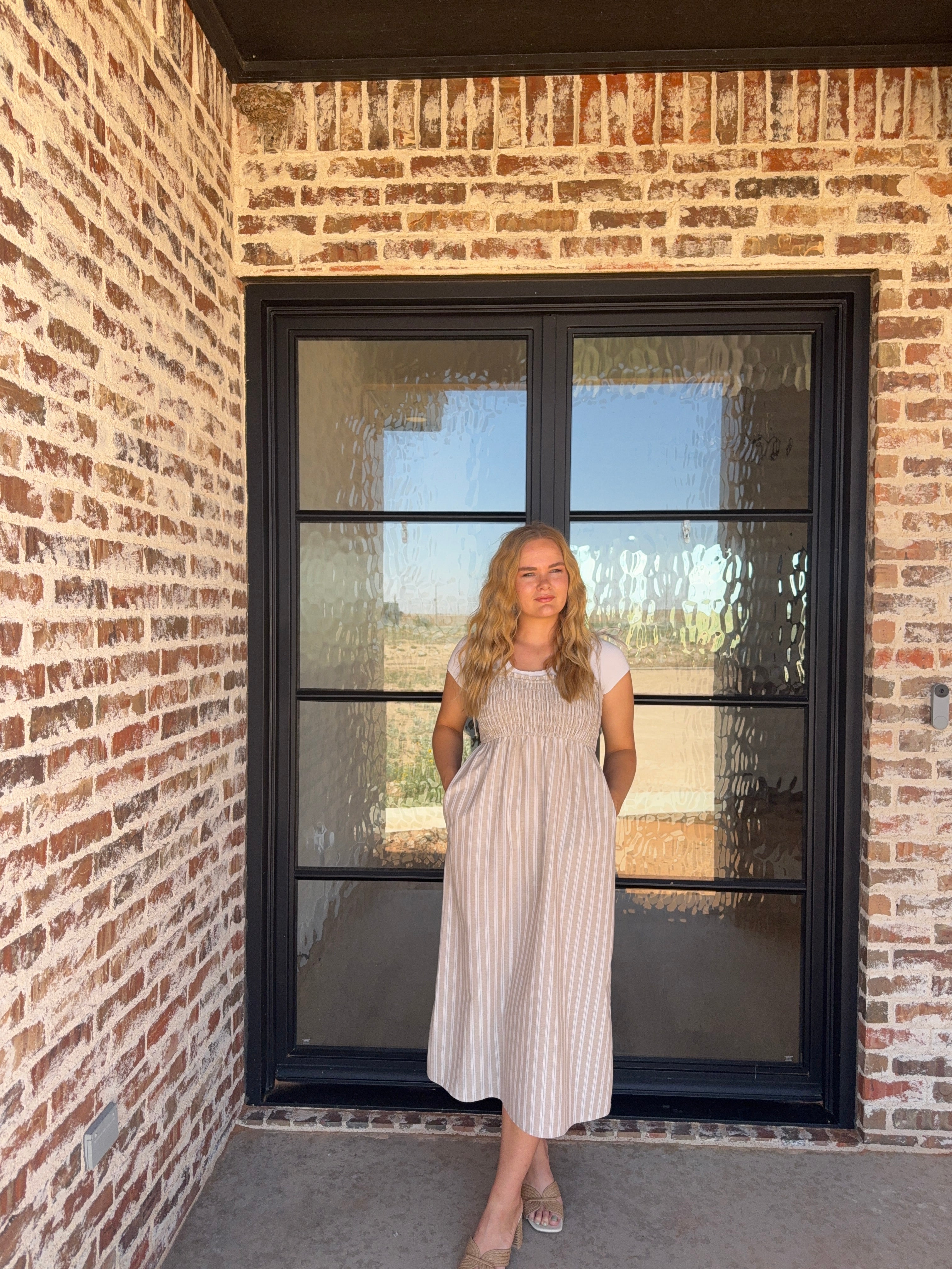 Striped Self Shoulder Tie Midi Dress