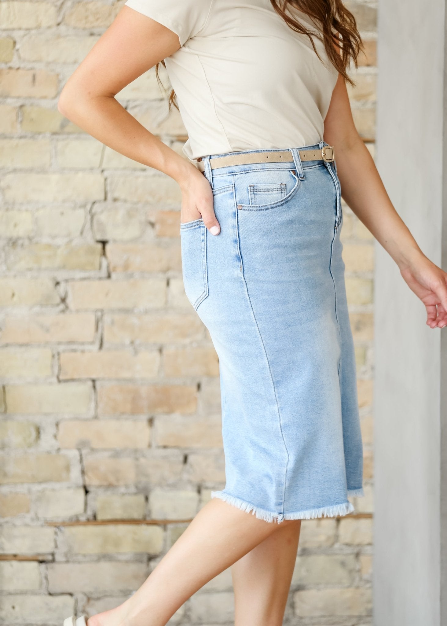Drew Raw Hem Midi Denim Skirt - IC Skirts - Duviboutique