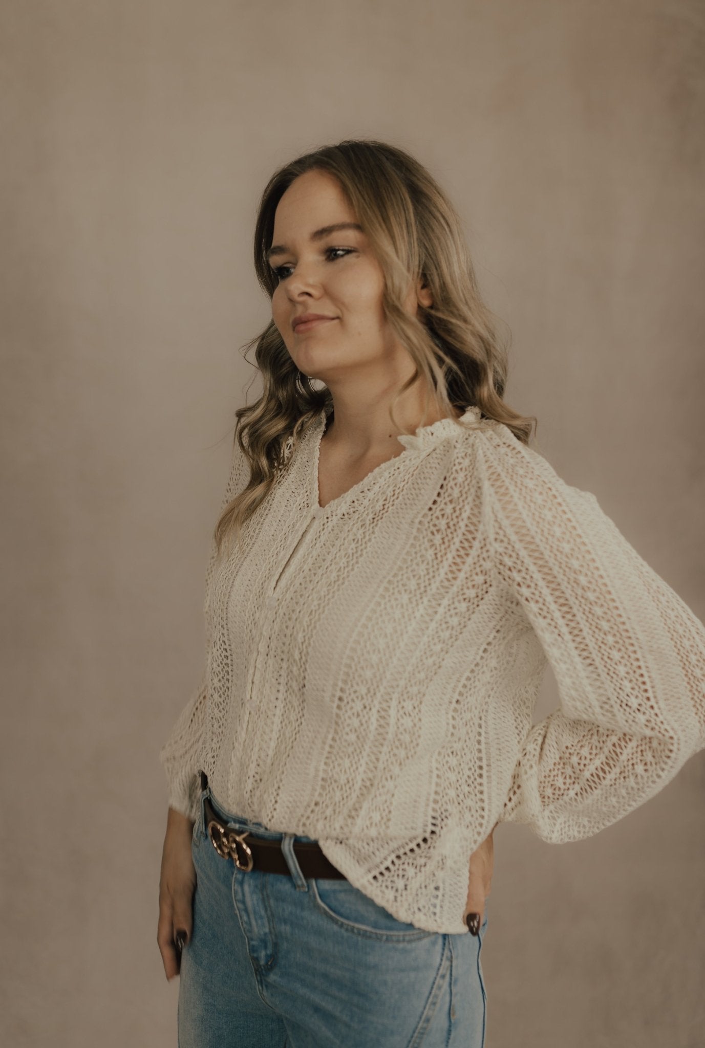 LACE V - NECK BUTTON DOWN TOP ( BEIGE ) - TOPS - Duviboutique