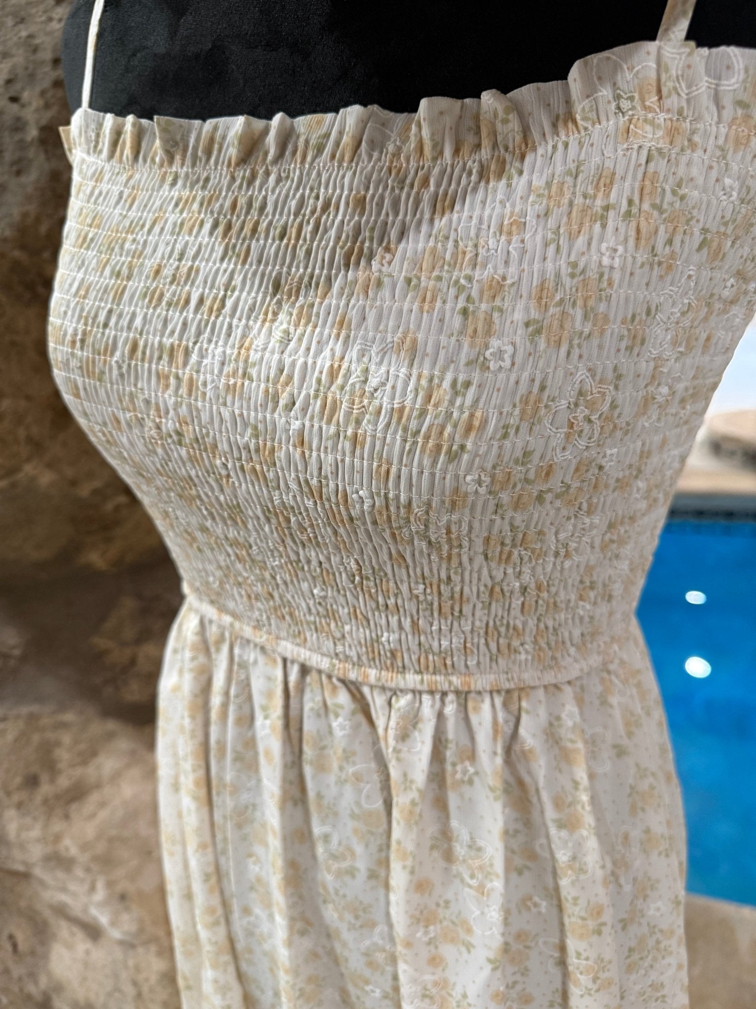 SMOCKED FLORAL OVER ALL DRESS ( YELLOW) - Duviboutique
