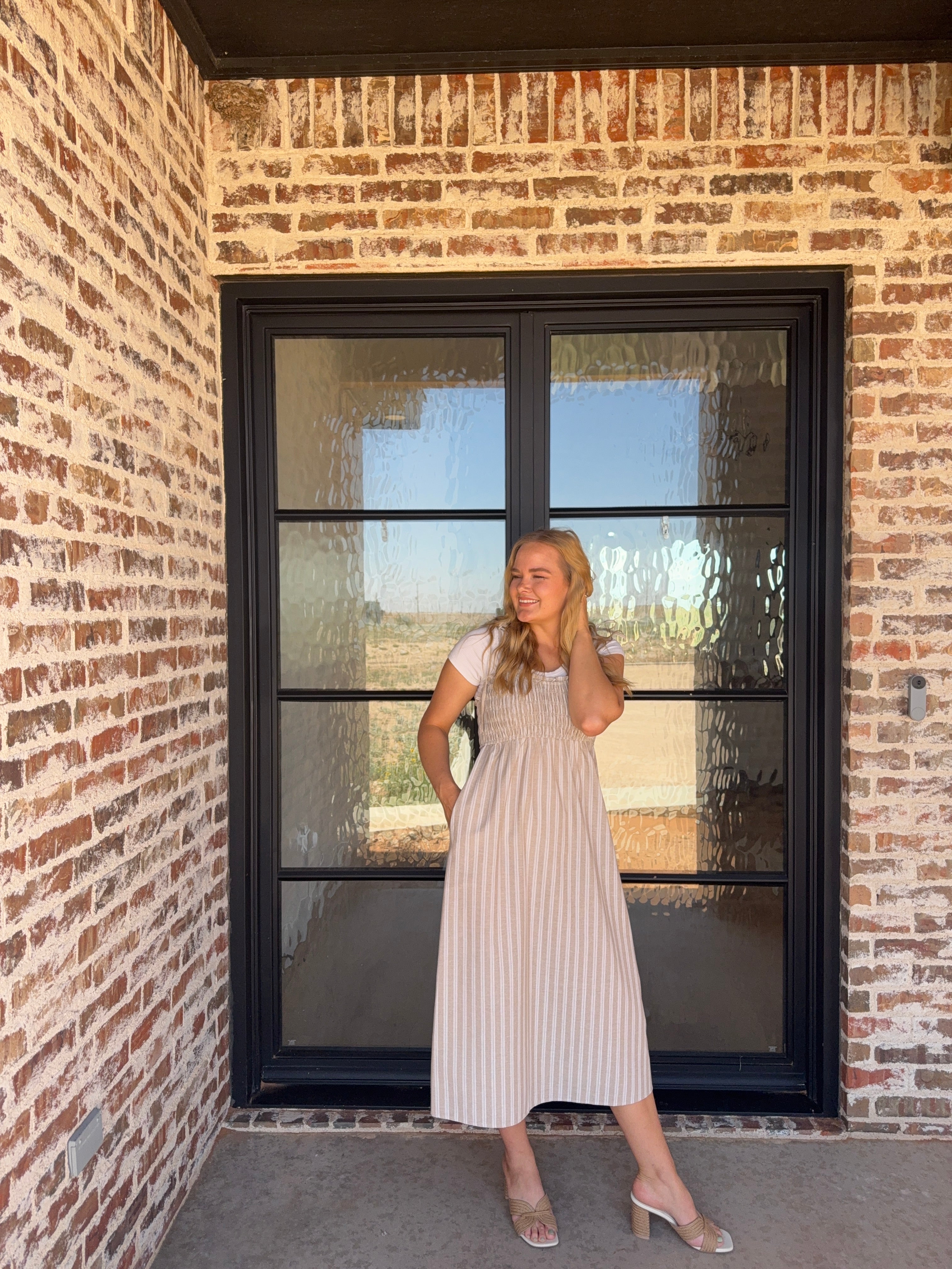 Striped Self Shoulder Tie Midi Dress
