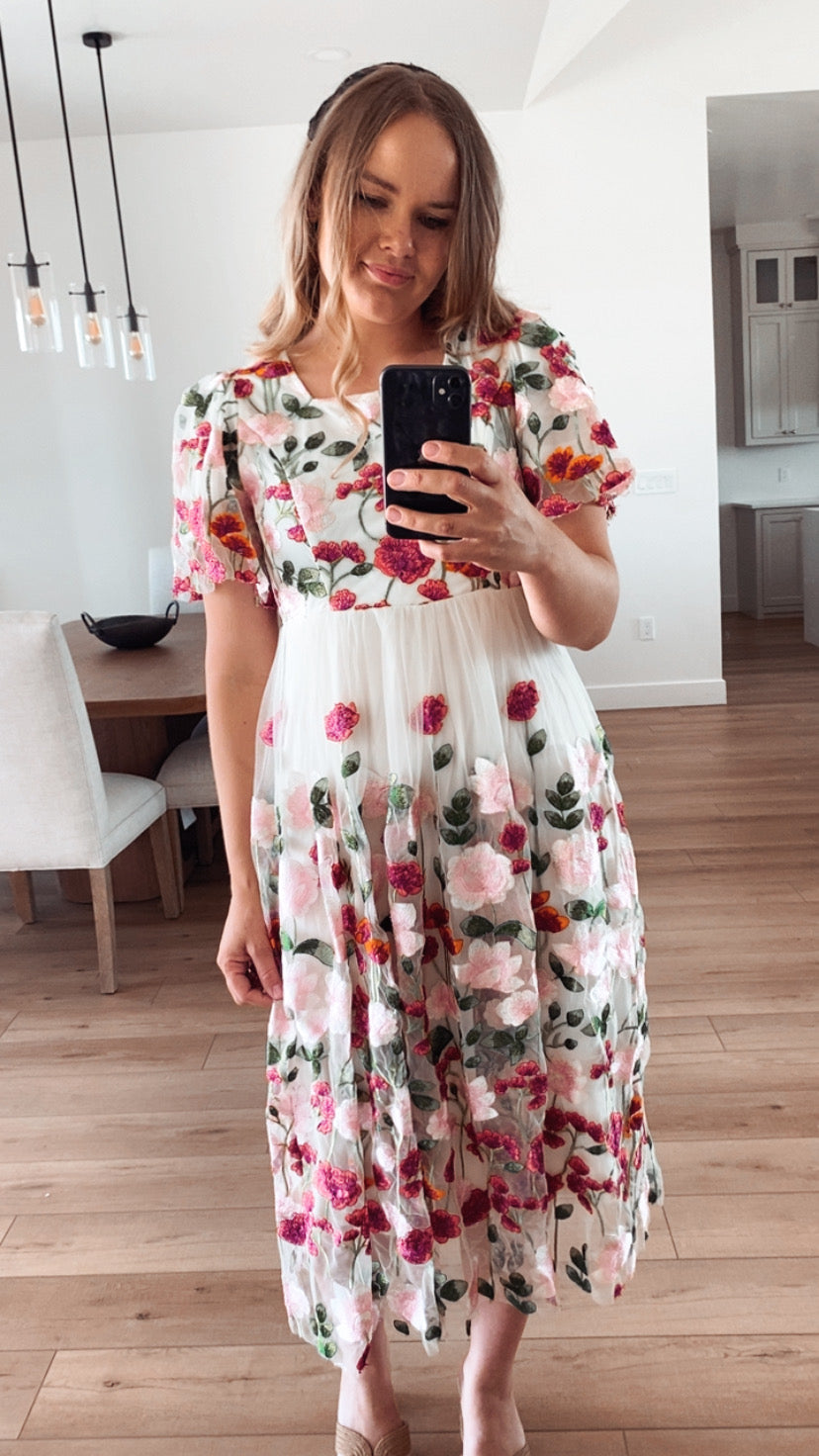 Floral Embroidered Mesh Dress