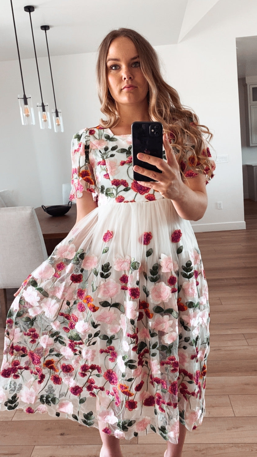 Floral Embroidered Mesh Dress