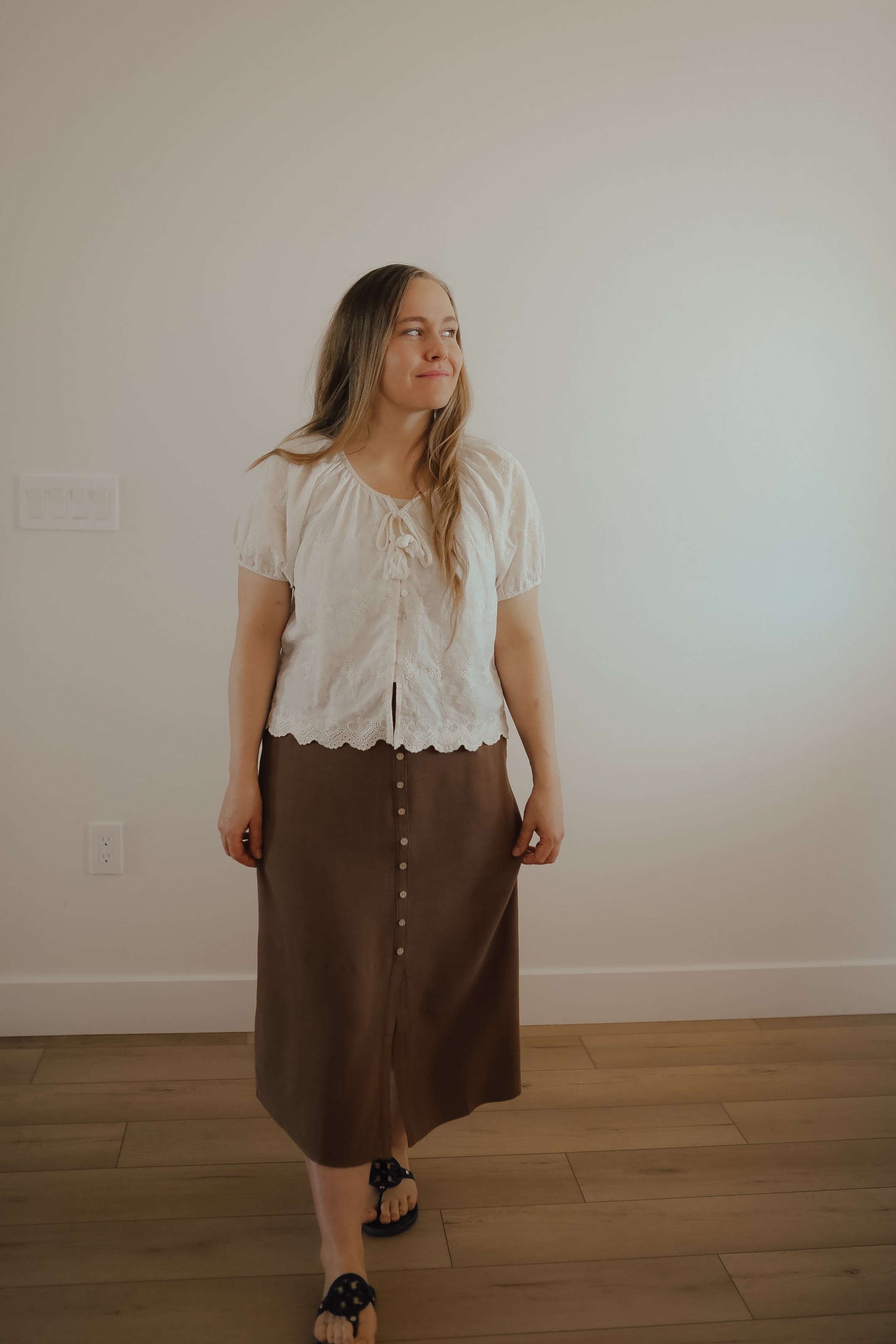 BROWN LINEN/COTTON MIDI SKIRT