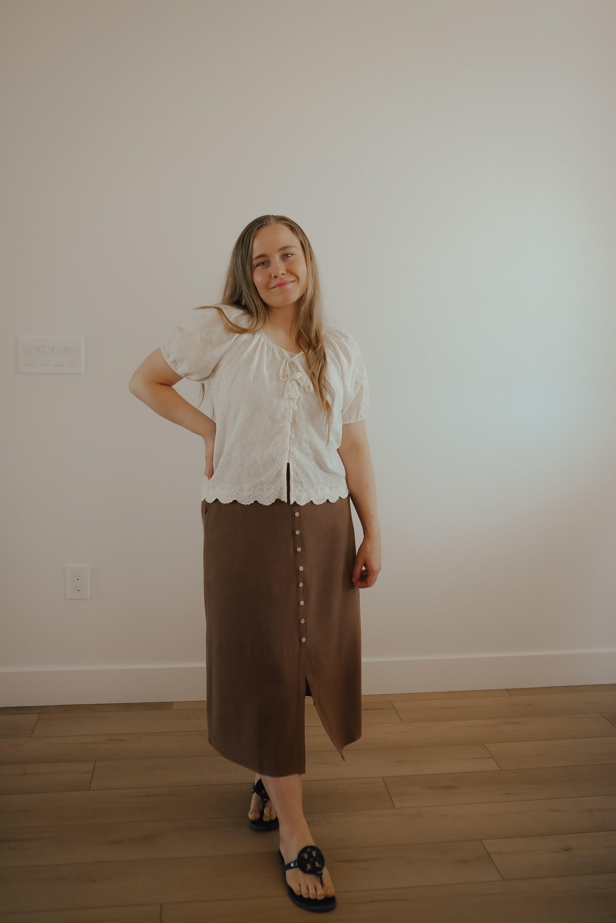 BROWN LINEN/COTTON MIDI SKIRT