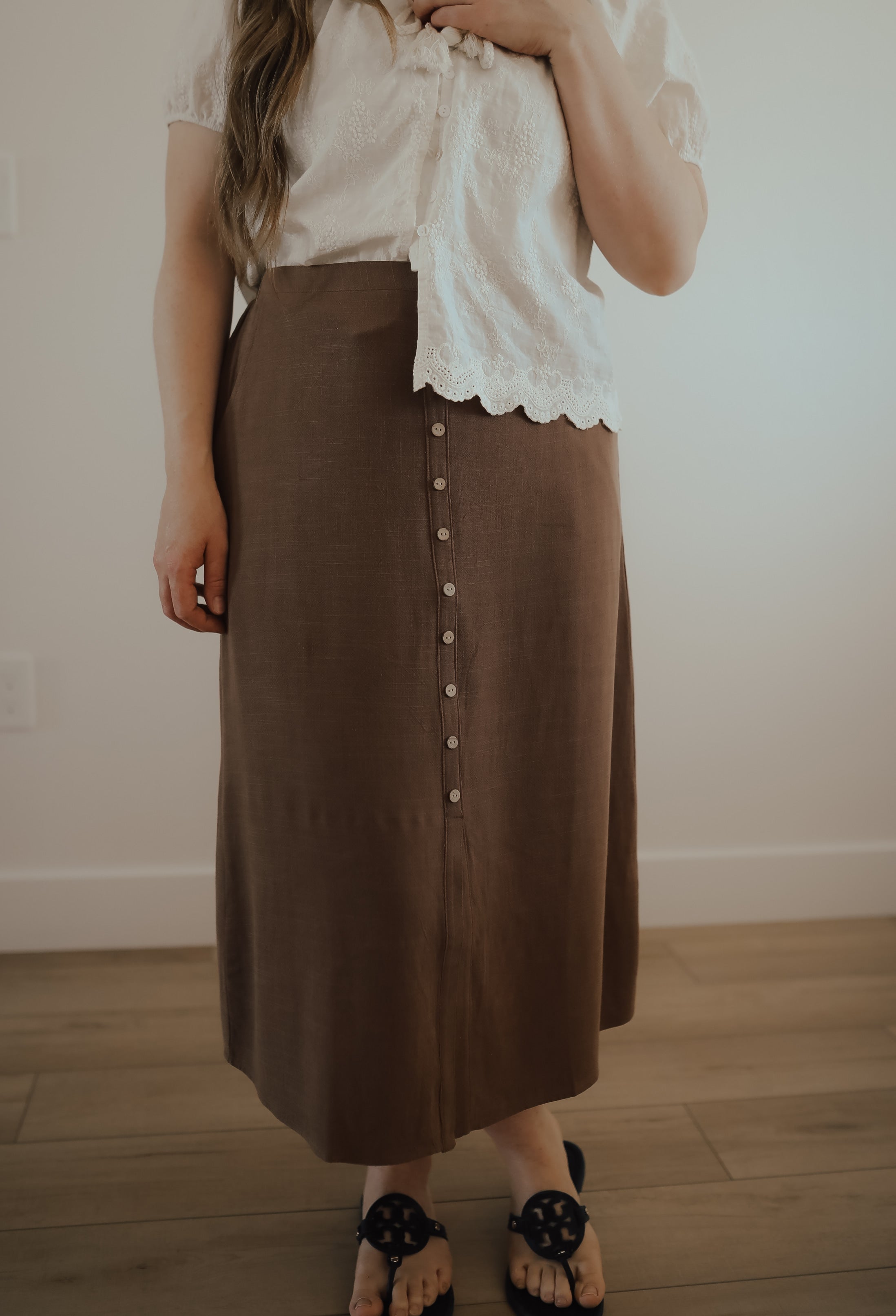 BROWN LINEN/COTTON MIDI SKIRT