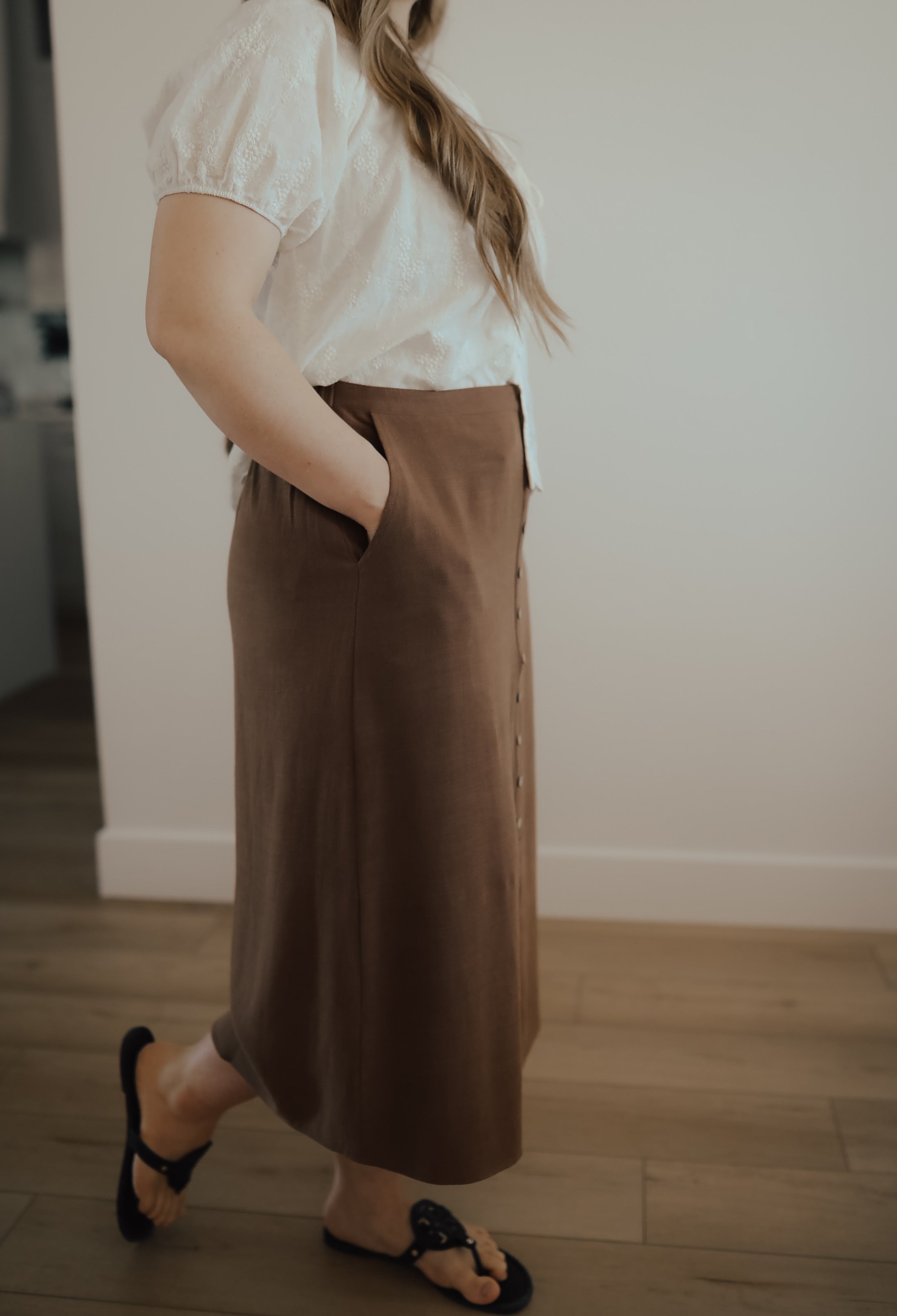 BROWN LINEN/COTTON MIDI SKIRT