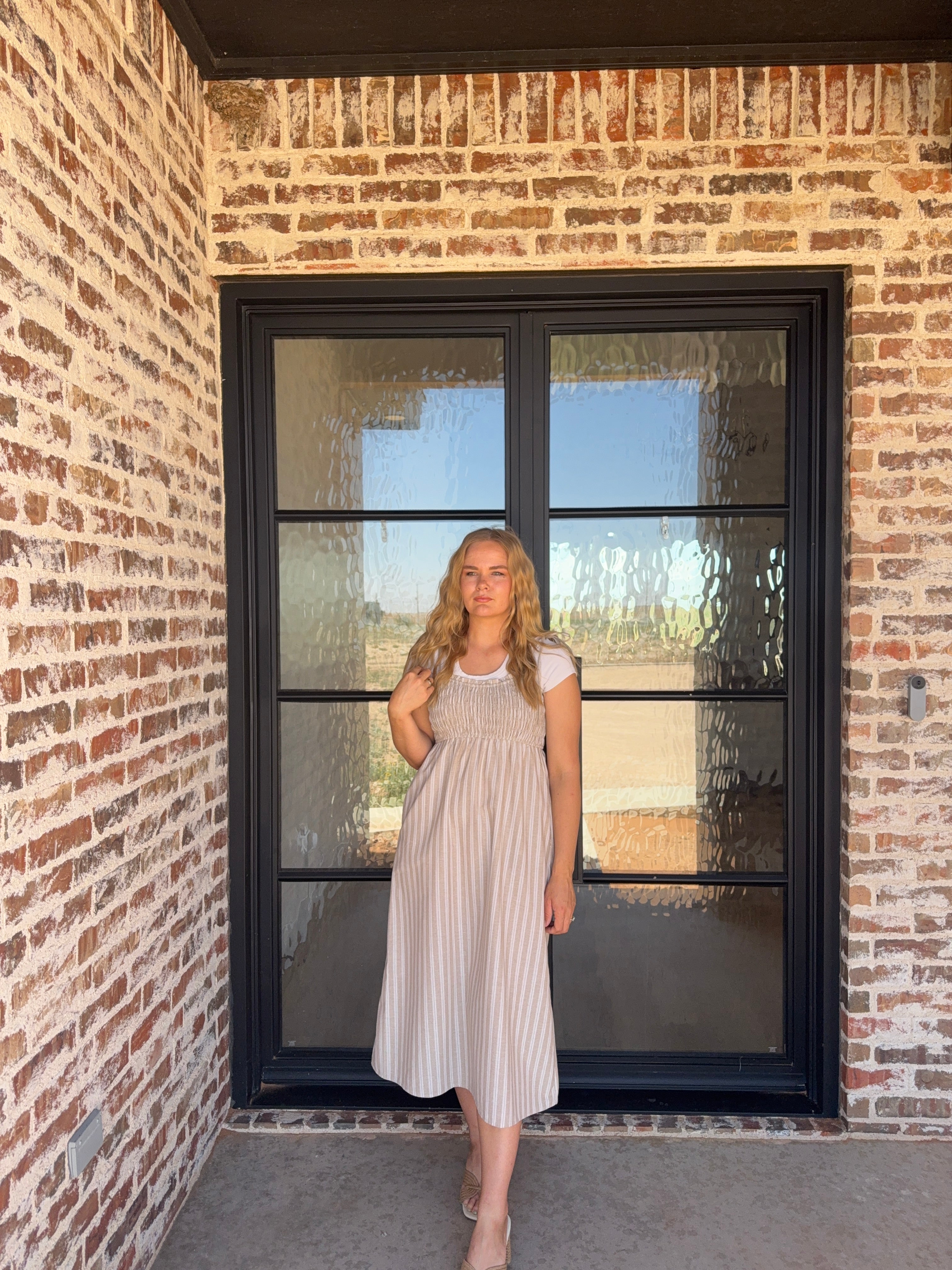 Striped Self Shoulder Tie Midi Dress