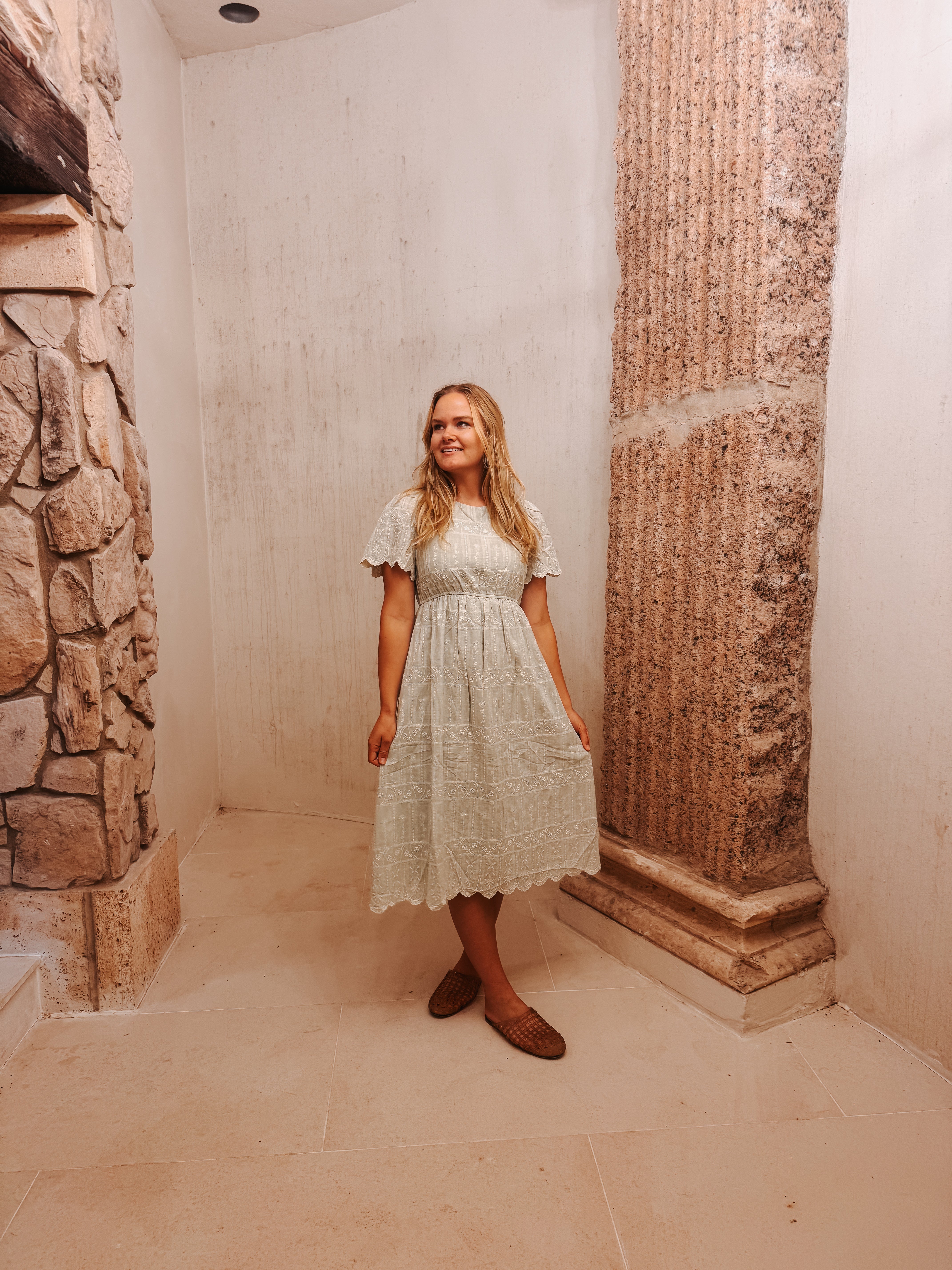EMBROIDERED SAGE MIDI DRESS