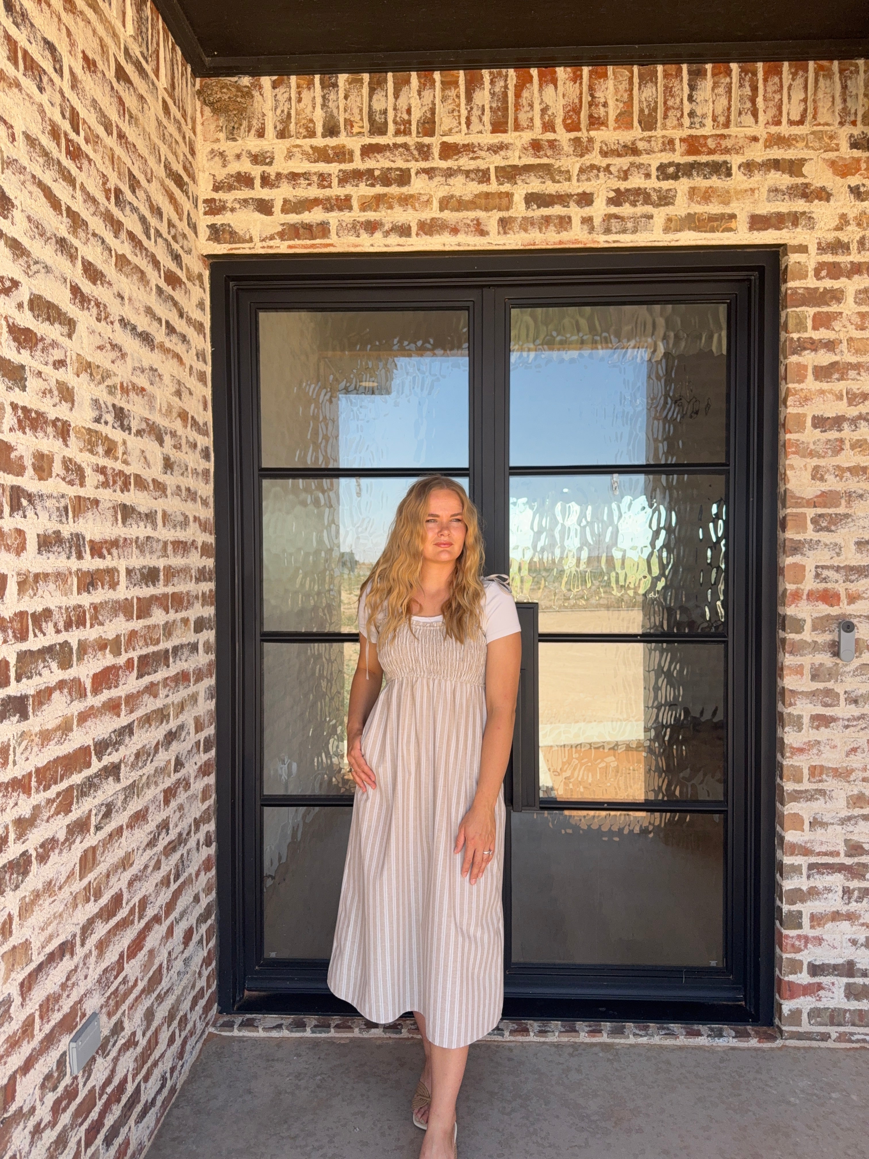 Striped Self Shoulder Tie Midi Dress