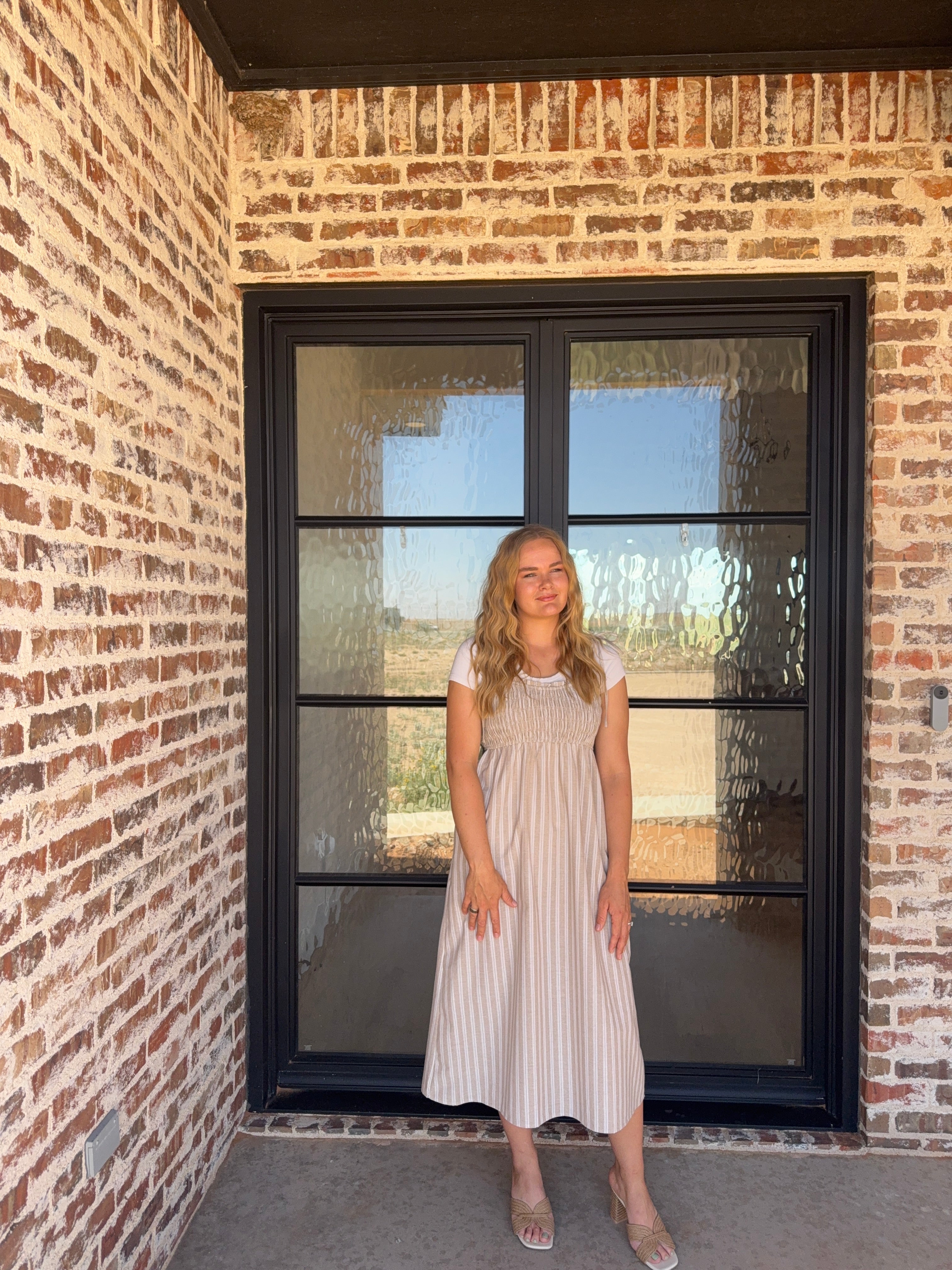 Striped Self Shoulder Tie Midi Dress