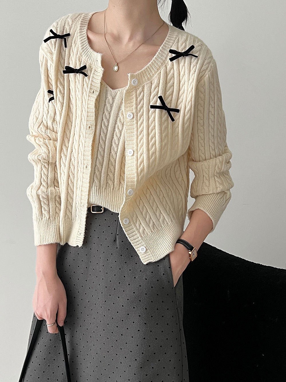 Bow Knit Two - Piece Cardigan - 服饰与配饰 - Duviboutique
