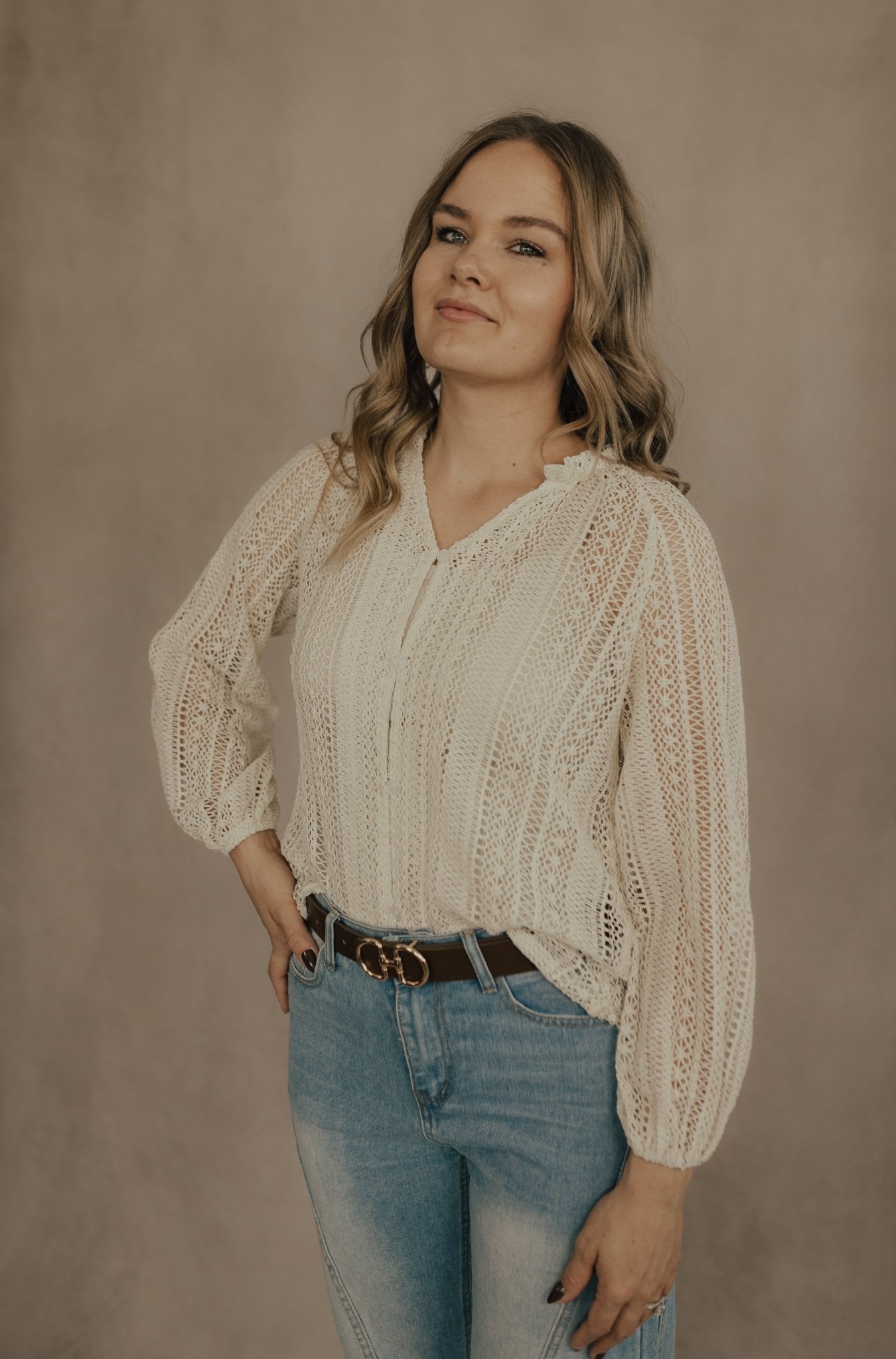 LACE V - NECK BUTTON DOWN TOP ( BEIGE ) - TOPS - Duviboutique