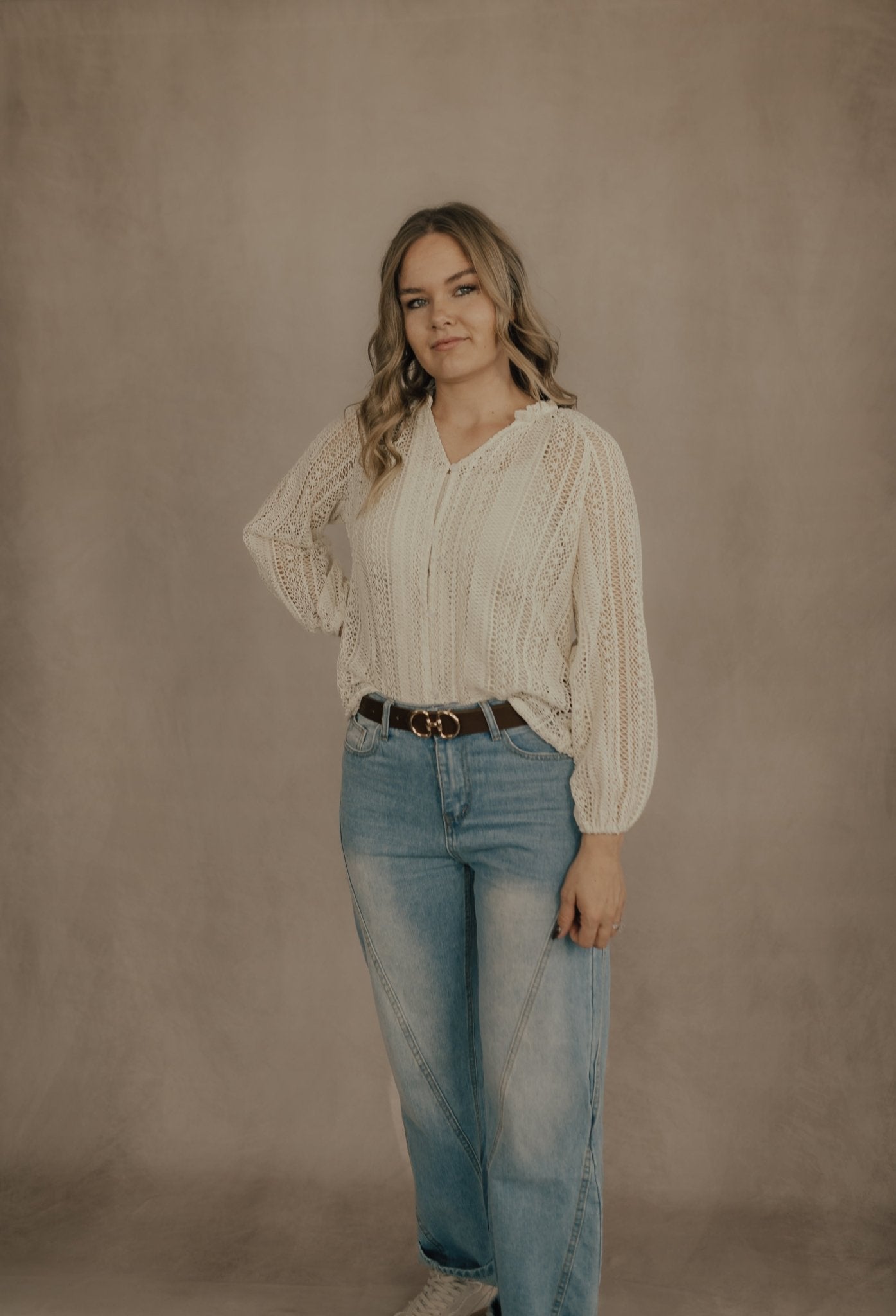 LACE V - NECK BUTTON DOWN TOP ( BEIGE ) - TOPS - Duviboutique