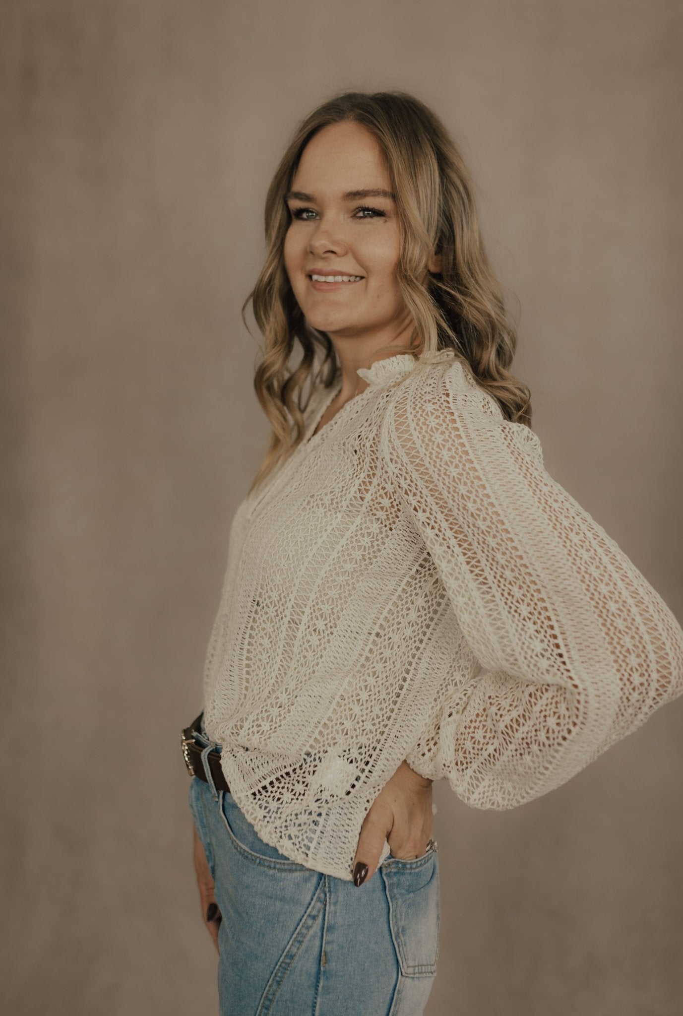 LACE V - NECK BUTTON DOWN TOP ( BEIGE ) - TOPS - Duviboutique