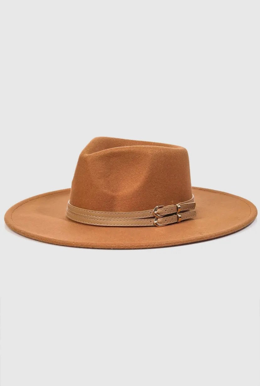 Double Belt Strap Fedora Fashion Hat brown - Duviboutique