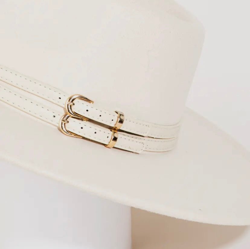 Double Belt Strap Fedora Fashion Hat ivory - Duviboutique