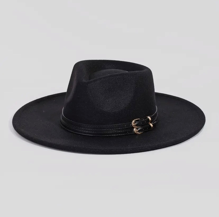 Double Belt Strap Fedora Fashion Hat Black - Duviboutique