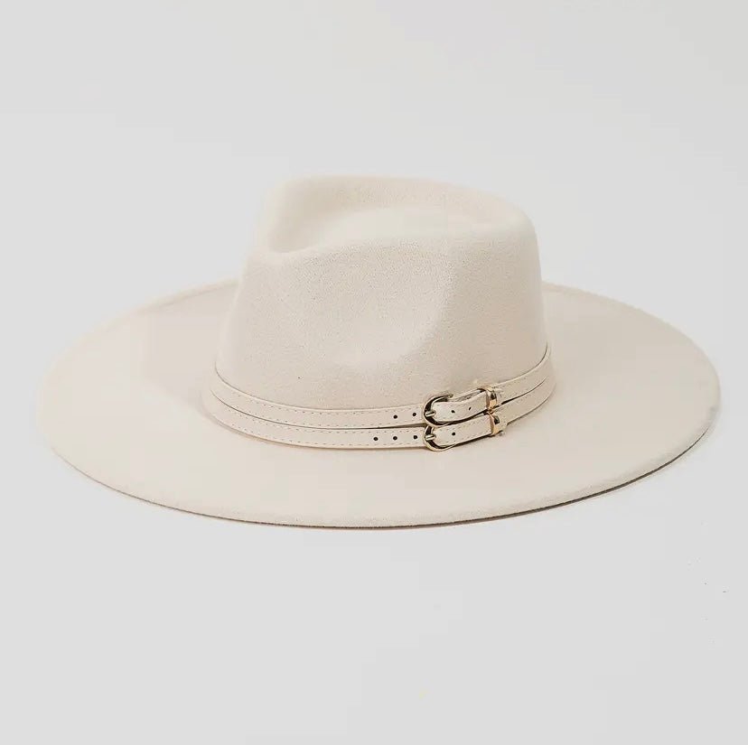 Double Belt Strap Fedora Fashion Hat ivory - Duviboutique